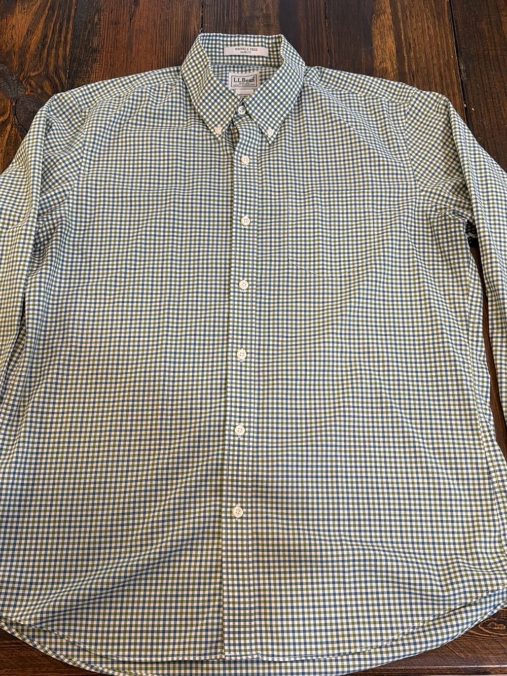 L.L. Bean Men's Green, Blue & White Checkered Button-Down Dress Shirt